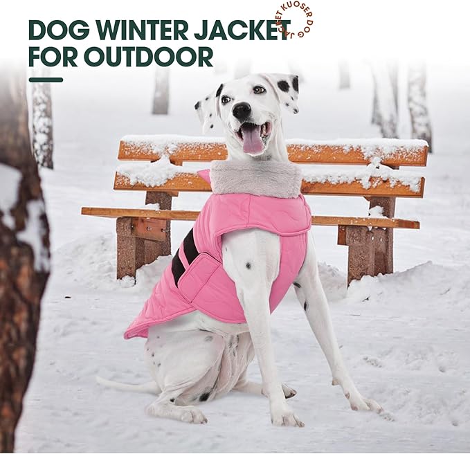 Kuoser Large Dog Coat, Winter Waterproof Dog Jackets for Large Dogs, Doggie Vest with Leash Hole, Cold Weather Coats Pet Snow Jacket for Labrador Beagle, Pink XXL