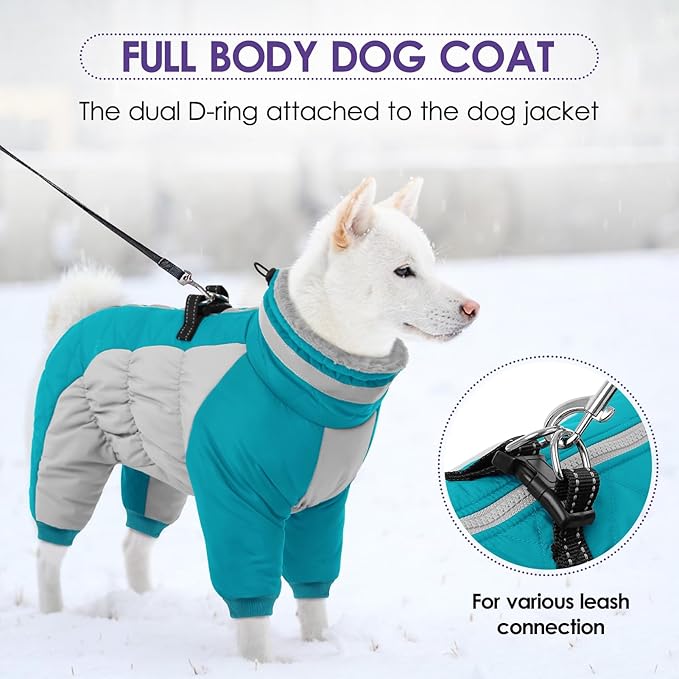 SUNFURA Full Body Dog Coat - Warm Fleece Jacket for Large Dogs, Turtleneck Winter Coats with Harness, Reflective Dog Snowsuit Windproof Puffer Jackets with Legs for Weimaraner, Turquoise XL