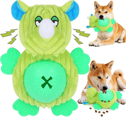 Interactive Dog Toys, Plush Dog Toy with Treat Dispensing Ball, Squeaky Dog Toy with Cute Plastic Paws for Playing,Slow Eat Hiding Food Enrichment Toy for Small & Medium Breeds(Green)
