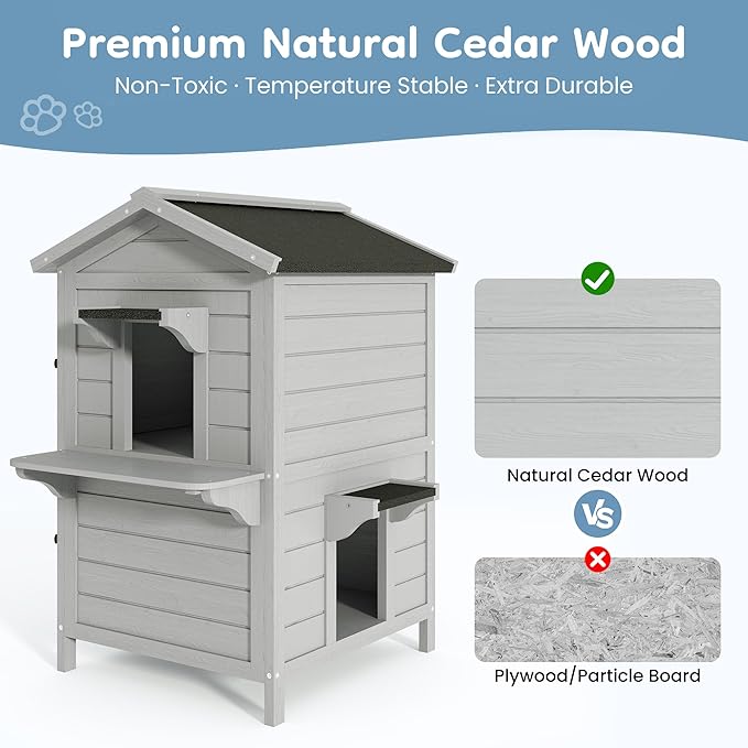 Outdoor Cat House, 2-Story Feral Cat Shelter with Weatherproof Roof for Winter, Weatherproof Wooden Cats House with Escape Doors