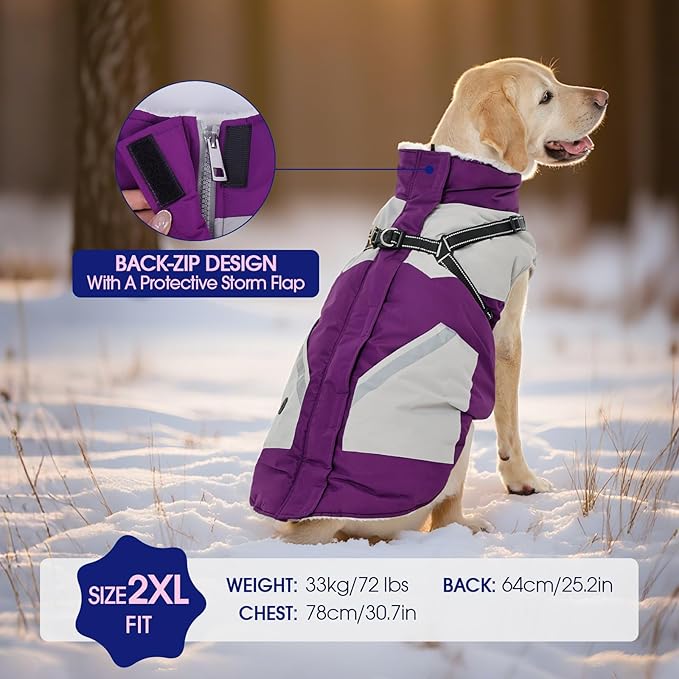 FUAMEY Dog Winter Jackets for Large Dogs,Dog Coat with Harness Built in,Waterproof Dogs Snowsuits Warm Pet Jacket Zip Up Fleece Cold Weather Coats Reflective Puppy Vest with Pocket Purple 3XL