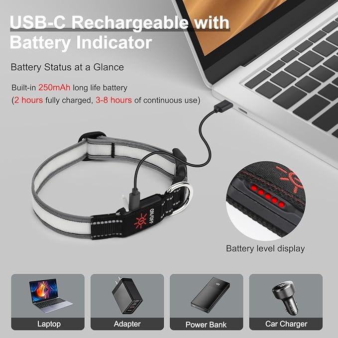 Light Up Dog Collar, Multicolor LED Dog Collar with 7 Modes, USB-C Rechargeable Reflective Glow Collar, Waterproof & Adjustable Design with Battery Indicator for Safe Night Walks(Medium)
