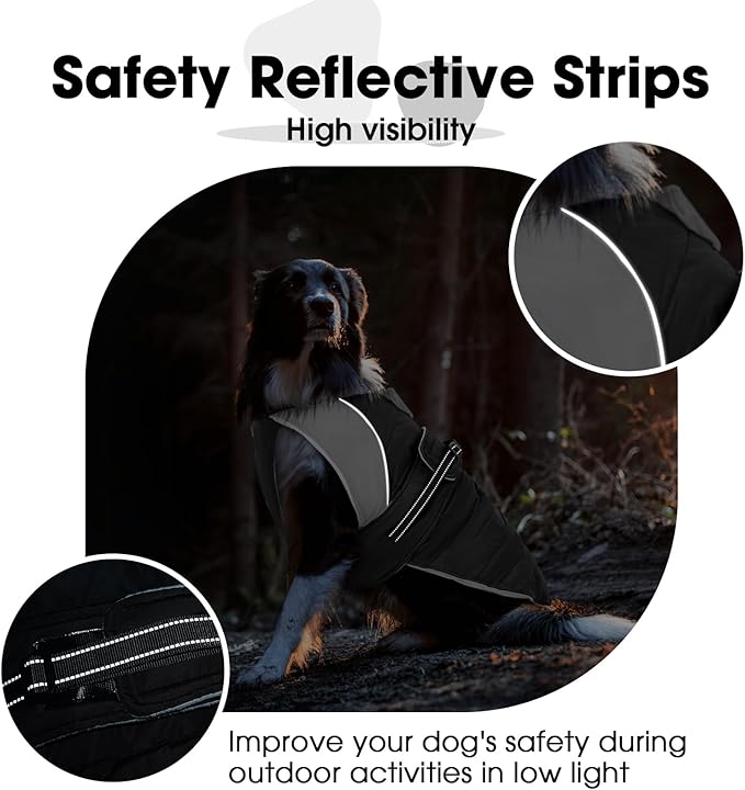 Nanaki Large Dog Coat For Winter Waterproof, Warm Fleece Lining Reflective Large Dog Jacket With Leash Hole, Furry Collar Cold Weather Puppy Vest Outdoor Walking Hunting Easy On Pet Snowsuit Black 2XL