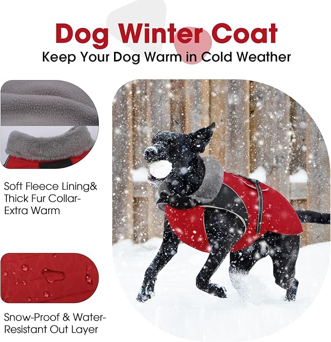 Nanaki Warm Dog Coats for Winter, Fleece Lined Furry Collar, Waterproof Reflective Dog Snowsuit with Leash Hole for Outdoor Walking Hunting, Easy On Cold Weather Puppy Jacket Vest, Beagle, Red L