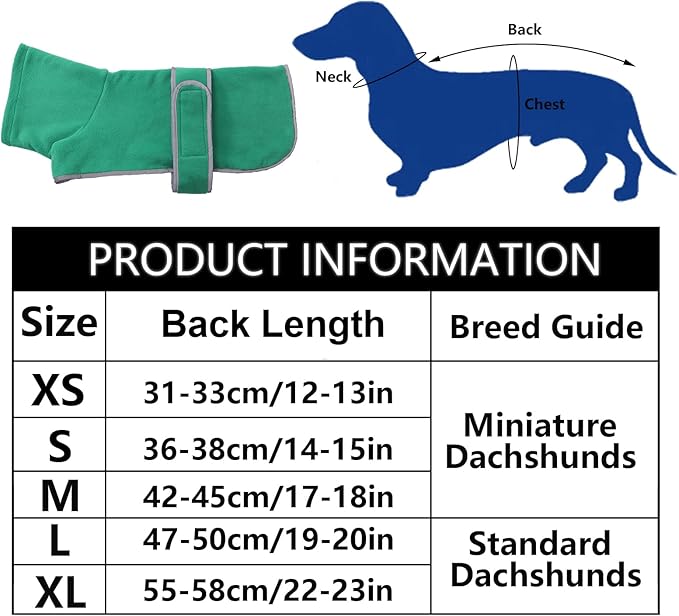 Geyecete Dachshund Sweaters for Dogs Jacket, Dachshund Coat Winter Coat with Padded Fleece Lining and High Collar, Dog Snowsuit with Adjustable Bands Sizes-Green-L