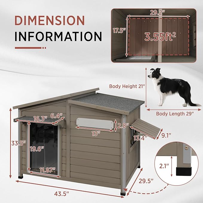 Outdoor Dog House, Weatherproof Wooden Kennel for Medium Dogs, Large Wooden Dog House with Chew-Proof Iron Frame, Removable Floor (Grey, 43.5"D x 29.5"W x 33.5"H) (Grey, 43.5" D x 29.5" W x 33.5" H)