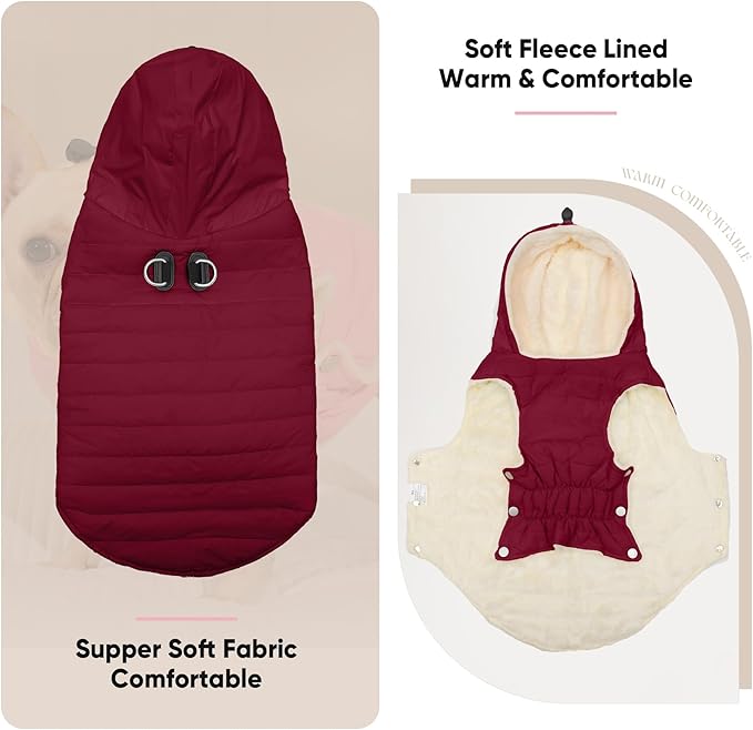 Fleece Lining Dog Hoodie with Harness Built in,Extra Warm Small Dog Jacket in Winter Puppy Coats with Drawstring Hooded,Red XS