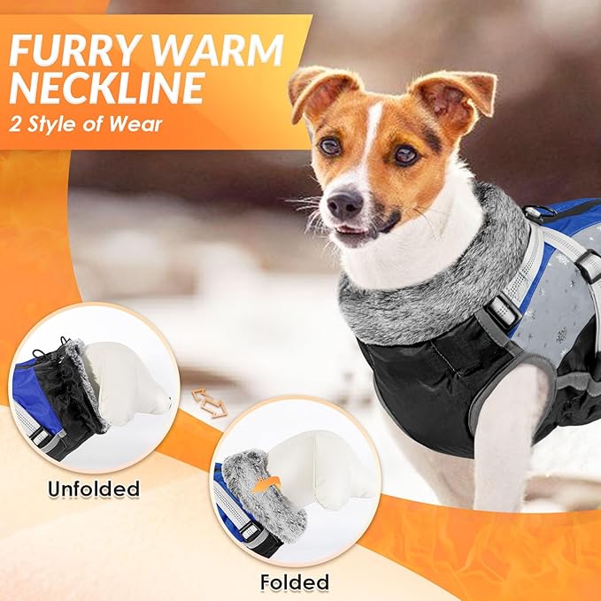 SlowTon Dog Jacket with Harness Built in - Waterproof Fleece Winter Warm Dog Coats for Small Medium Dogs, Reflective Adjustable Furry Puppy Vest Clothes for Outdoor Walking (Blue,S)