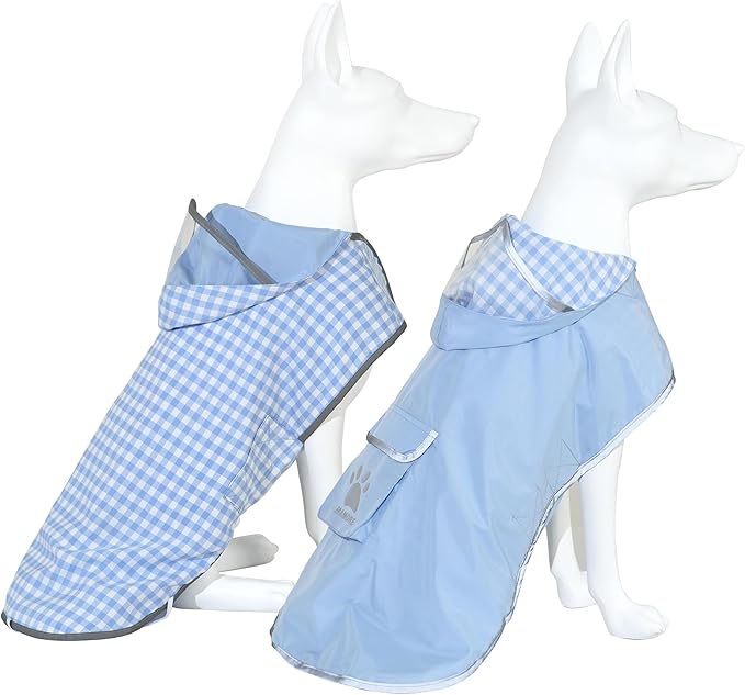 MAMORE Dog Raincoat Reversible,Waterproof Dog Rain Coat Hooded Slicker Poncho with Reflective Strip, Plaid Double Layer Rain Jacket for Small Medium Large Dogs (Light Blue, Large)