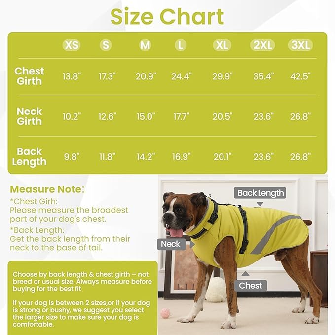 QBLEEV Large Dog Coat, Big Dog Winter Jacket for Large Dogs, XXX-Large Waterproof Cold Weather Snow Vest with Zip & Reflective, Windproof Built-in Harness Warm Fleece Snowsuit Clothes, Green, XXXL