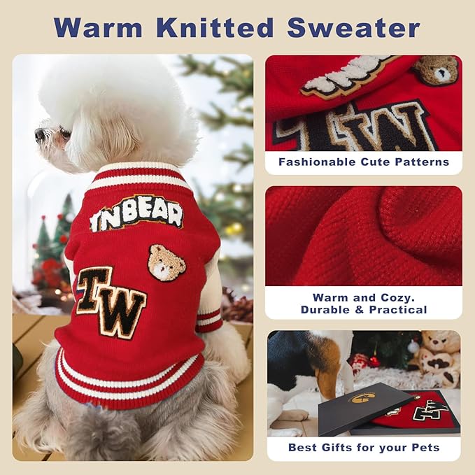 Small Dog Sweater Sweatshirt Cute Puppy Sweaters - Winter Red Warm Knitted Bear Design for Puppies (S)