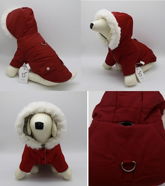 Pet Warm Dog Coat for Winter Dog Clothes Hooded Dog Jacket for Small Puppies Medium Large Dog Cat Clothes Insulated Padded Snow Jacket for Cold Weather Faux Fur (Large, Dark Red)