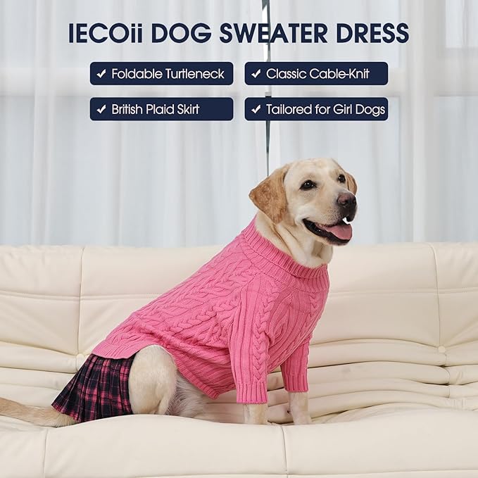 IECOii Girl XXXL Dog Sweater Dress, Girl Dog Sweaters for Extra Large Dogs Turleneck, Pink, XXXLarge, Thermal Warm Knitwear with Leash Hole, Adorable Cable Knit Sweater for Christmas & Thanksgiving