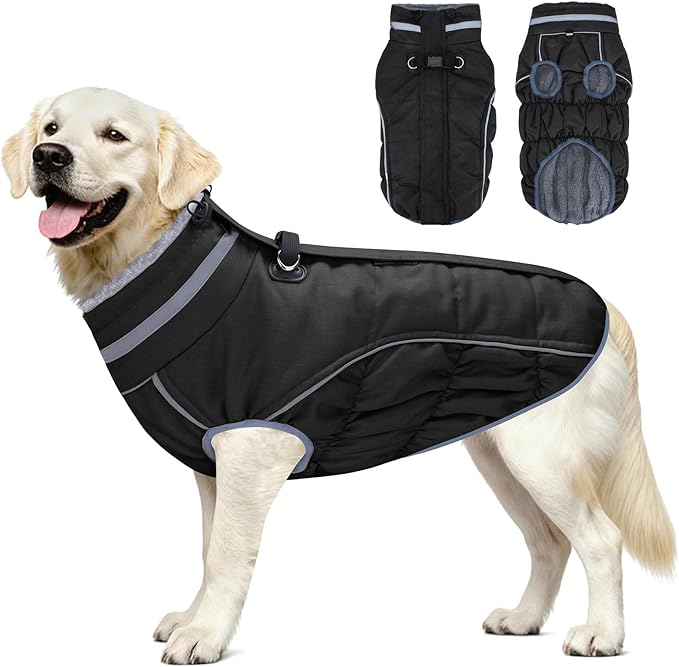 Malier Dog Coat, Reflective Dog Jacket Waterproof Windproof Puppy Cold Weather Coats with Harness Built in, Winter Extra Warm Pet Coat Fleece Vest for Small Large Pets and Puppy (Black, X-Small)