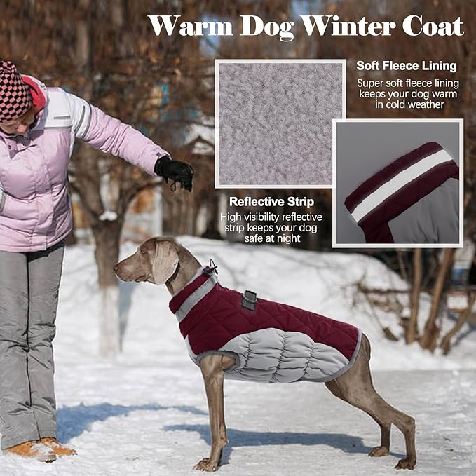 Lelepet Dog Coat Warm Dog Winter Coat Waterproof Dogs Jacket with Harness Built in Reflective Pet Fleece Vest Zip-Up Cold Weather Coats for Large Dogs Turtleneck & Windproof Coats Boxer Wine Red XL