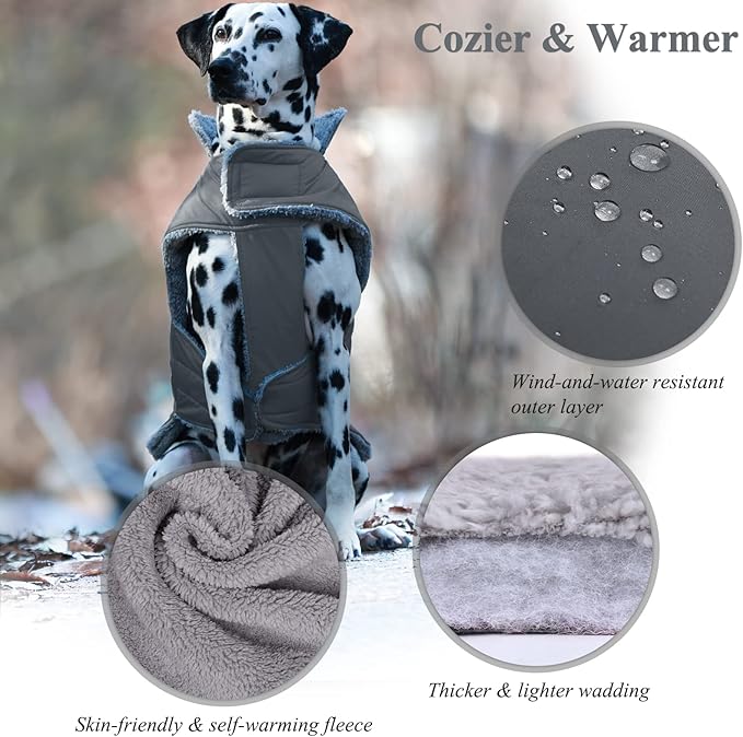 VIVAGLORY Frostfit Dog Coat, Dog Jacket for Winter & Cold Weather, Warm Fluffy Fleece Lined Water Resistant Reflective for Puppy, Coat with Velcro Fastening & Leash Hole, XL, Grey