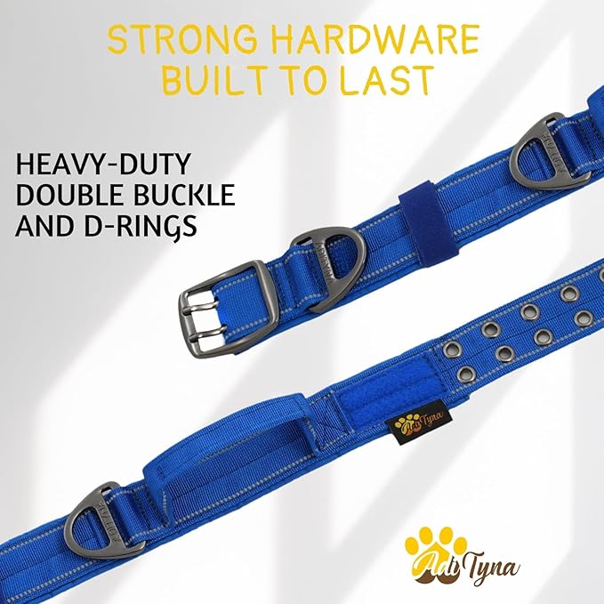 ADITYNA Heavy Duty Dog Collar for Extra-Large Dogs - Reflective Blue Collar with Handle for Training, and Walking - Wide, Thick, Tactical, Soft Neoprene Padded