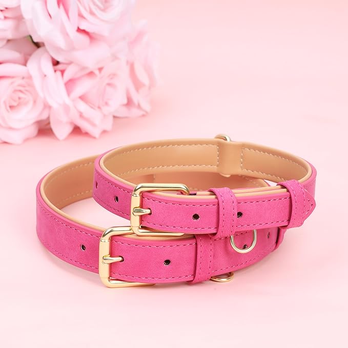 Leather Dog Collar for Small Medium Large Dogs, Soft Padded Dog Leather Collar with Heavy Duty Gold Buckle, Durable & Comfortable for Large Dogs Daily Walking (Hot Pink, L)
