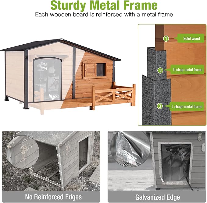 GUTINNEEN Extra Large 60" Heated Dog House Outdoor Insulated Dog Kennel with Safe Heated Pad, Chew-Proof Metal Frame and Insulated Liner for Large Dog Breeds, 60.37" L x 50.36" W x 35.43" H (Brown)