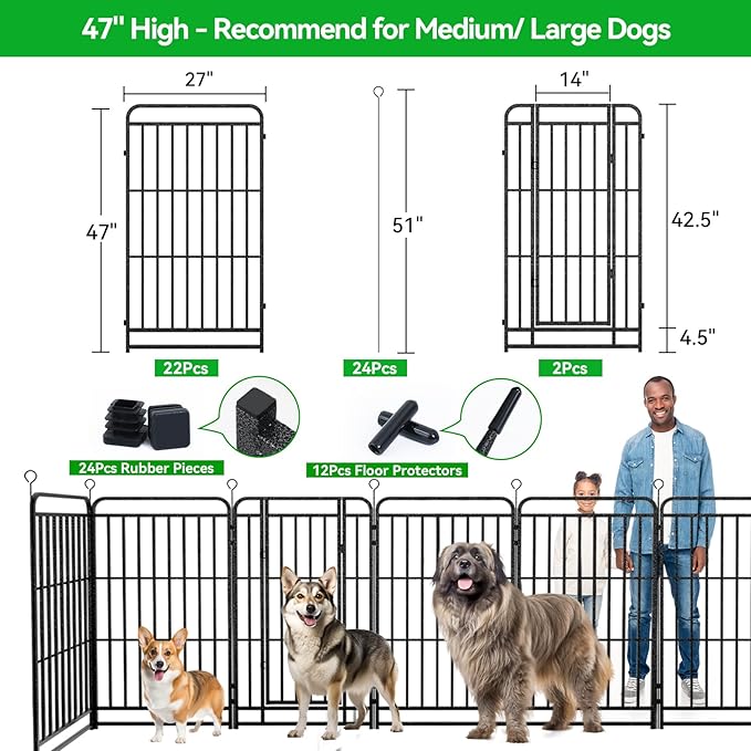 Square Steel Pipe Dog Fence Outdoor 24 Piece Panels 47" Height Anti-Rust Heavy Duty Dog Playpen with Doors Portable for Yard RV Camping, Total 54FT, 227 Sq.ft, Snowy Black