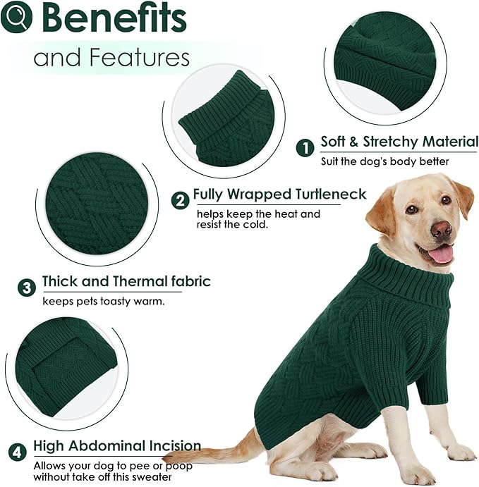 AOFITEE Dog Sweater, Warm Dog Sweaters for Large Dogs, Soft Dogs Christmas Sweater, Turtleneck Girl Pet Pullover, French Bulldog Sweaters, Female Pet Sweatshirt Knitwear for Winter Fall (Green Large)