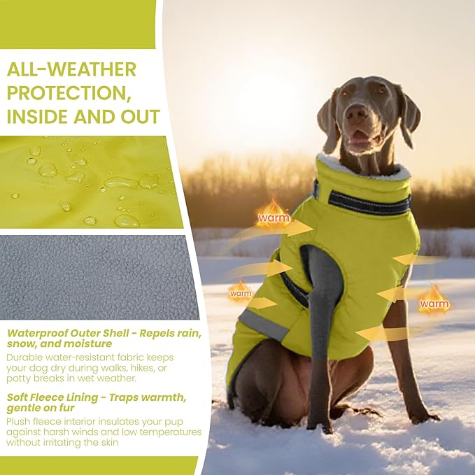 QBLEEV Large Dog Coat, Big Dog Winter Jacket for Large Dogs, XXX-Large Waterproof Cold Weather Snow Vest with Zip & Reflective, Windproof Built-in Harness Warm Fleece Snowsuit Clothes, Green, XXXL
