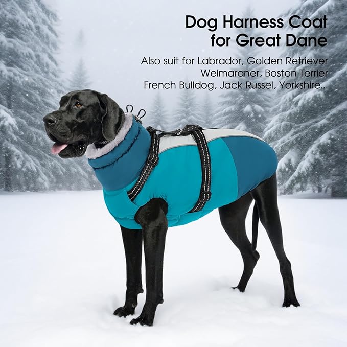 SUNFURA Dog Coat, XXXL Dog Jacket with Harness Built in, Waterproof Pet Winter Coat Snowsuit with Zip, Reflective Fleece Jacket for Extra Large Dogs, Great Dane, Turquoise 3XL