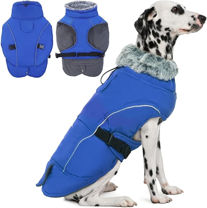 DENTRUN Large Dog Coat - Thick Fleece Lined Reflective Winter Jacket, Snap Closure & Leash Hole, Warm Thick Fleece Lined, Plush Turtleneck Vest for German Shepherd, Blue, XXL