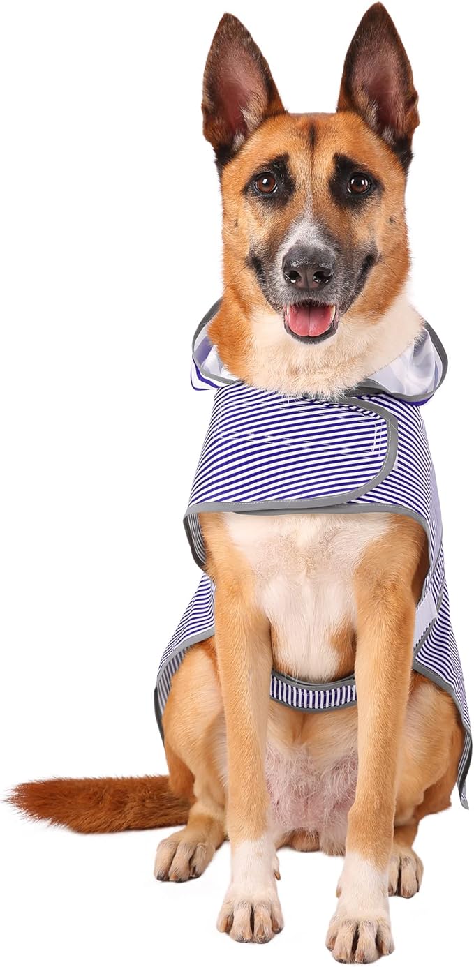 Dog Raincoat for Large Dogs Puppies Waterproof Hooded Rain Jacket with Reflective Strips Leash Hole & Poncho Adjustable Fit (Bluestripe,XL)