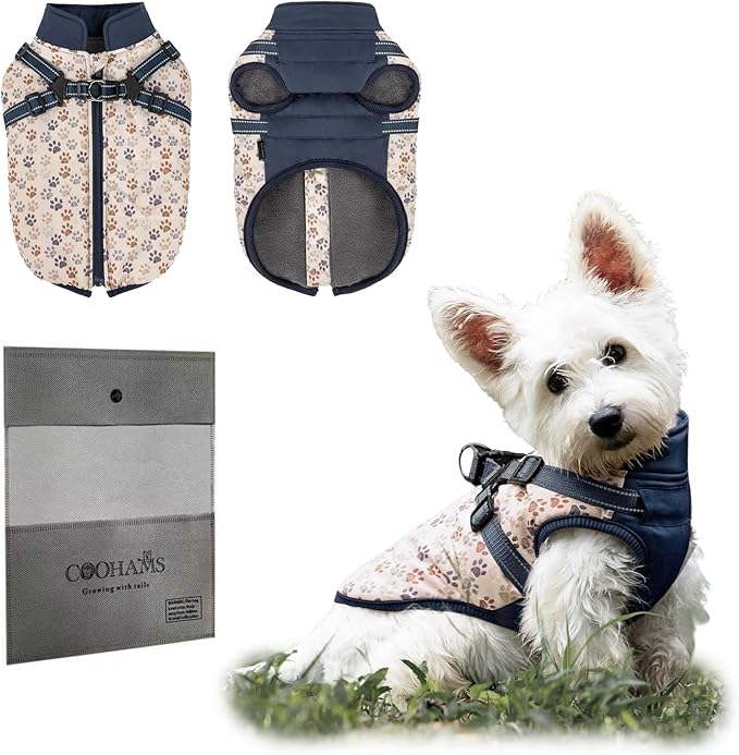 Dog Winter Coat for Small & Medium Dogs (Up to 31lb), Waterproof Dog Coat with Harness, Puppies Windproof Puppy Puffer Jacket, Snowsuit for Dachshund,Frenchie, Corgi (Paw Blue, Small)