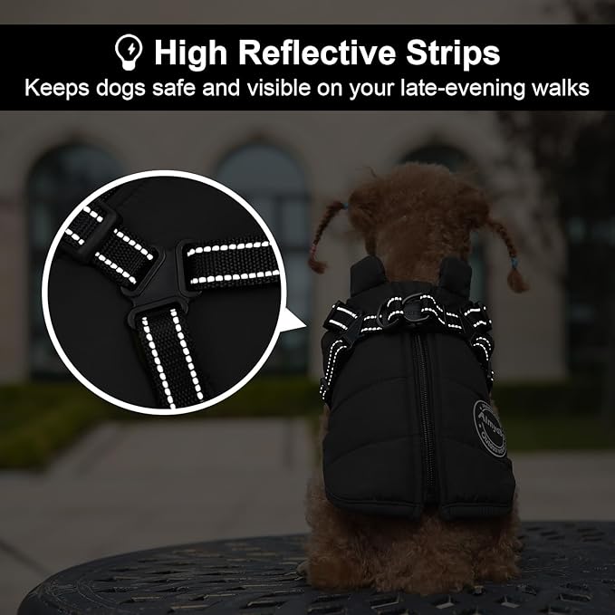 Warm Dog Winter Coat, Fashion Cold Weather Jacket with Built-in Harness, Reflective & Adjustable Comfortable Pet Vest, Windproof Dog Apparel for Small Medium Large Dogs (Black)