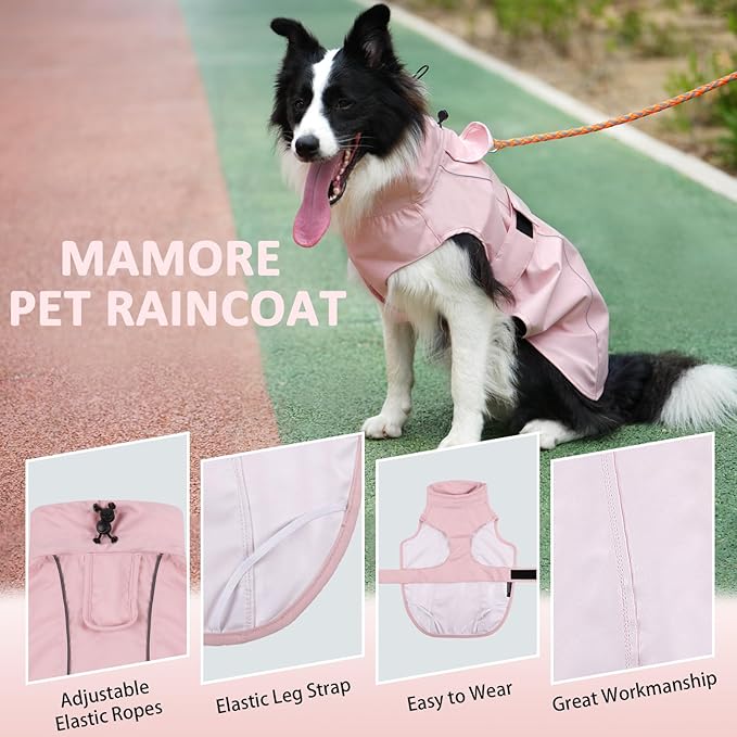 Waterproof Dog Raincoat, Adjustable Lightweight Dog Rain Jacket with Reflective Strip Leash Hole for Small Medium Large Dogs (Pink, 3X-Large(77-94lb))