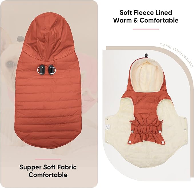 Fleece Lining Dog Hoodie with Harness Built in,Extra Warm Large Dog Jacket in Winter Doggie Coats with Drawstring Hooded,Orange XXL