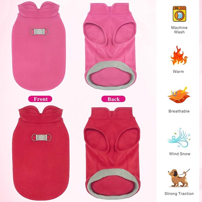 Idepet 2 Pack Dog Fleece Vest Sweater Warm Pullover Jacket with D-Ring Leash Reflective Winter Coat Hoodie for French Bulldog Pug Chihuahuas Yorkies Dachshunds(Red&Rose Red,XX-Large-French Bulldog)
