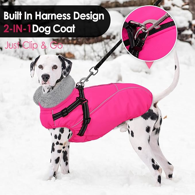 AOFITEE Large Dog Coat, Waterproof Dog Jacket Winter with Harness Built in, Warm Fleece Pet Puffer Jacket with Zipper, Cold Weather Coats for Dogs, Reflective Pet Snowsuit, Great Dane, Pink XXXL