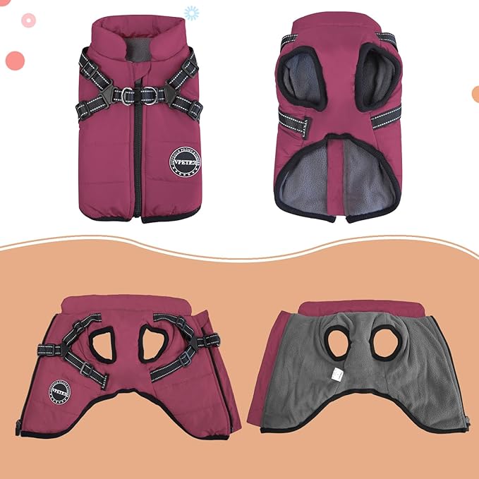 VPET Dog Winter Coat Warm Fleece Jacket with Harness, Windproof Adjustable Snow Pet Coat Clothes for Small Medium Large Dogs