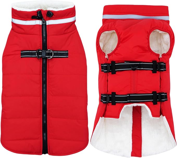 Small Dog Coat with Harness Built-in, Waterproof Reflective Fleece Lined - Warm Windproof Winter Jacket with Back Zipper, Cold Weather Snow Dog Coats - Red - XS