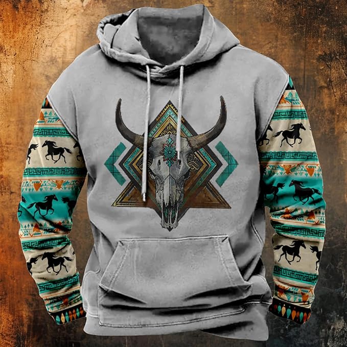 HOTYD Mens Western Aztec Sweatshirts Long Sleeve Fall Fashion Drawstring Pullover Vintage Graphic Cowboy Hoodie for Men