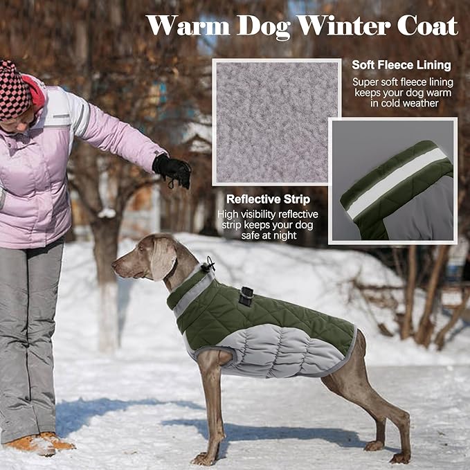 Lelepet Dog Coat Warm Dog Winter Coat Waterproof Dogs Jacket with Harness Built in Reflective Pet Fleece Vest Zip-Up Cold Weather Coats for Large Dogs Turtleneck Windproof Coats Pitbull Army Green 2XL