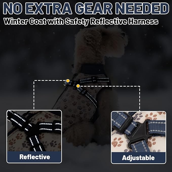 Dog Winter Coat for Small & Medium Dogs (Up to 31lb), Waterproof Dog Coat with Harness, Puppies Windproof Puppy Puffer Jacket, Snowsuit for Dachshund,Frenchie, Corgi (Paw Blue, Large)