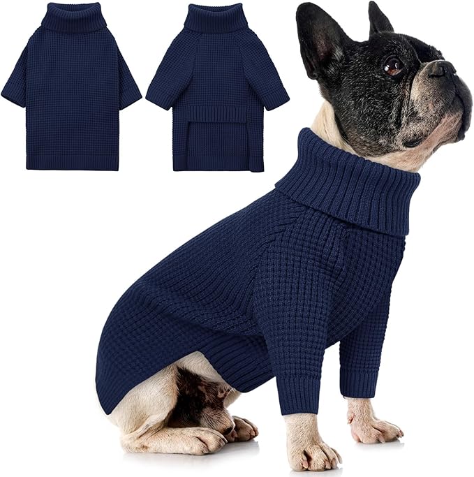 Queenmore Medium Dog Sweater, Dog Sweaters for Medium Dogs Girl, Waffle Knit Pet Sweater with Long Sleeve, Long Sleeve Dog Sweaters, Cat Christmas Sweatershirt, Navy Blue M