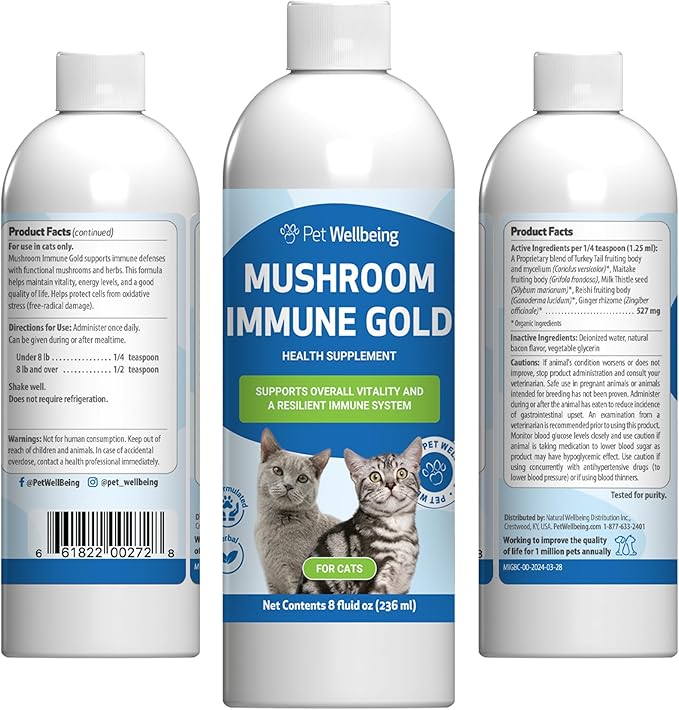 Pet Wellbeing Mushroom Immune Gold for Cats - Vet-Formulated - Immune Support with Reishi, Maitake, Turkey Tail, and Milk Thistle - Complementary Functional Mushroom Supplement 8 oz (237 ml)