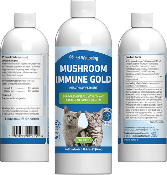 Pet Wellbeing Mushroom Immune Gold for Cats - Vet-Formulated - Immune Support with Reishi, Maitake, Turkey Tail, and Milk Thistle - Complementary Functional Mushroom Supplement 8 oz (237 ml)