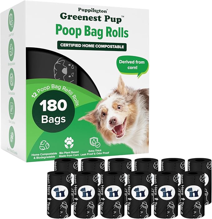 Puppington Certified Home Compostable Poop Bags - ASTM D6400 Compliant - 180 Extra Thick Bags - Plant Based - Pairs with Puppington 3-in-1 Bag & Fits all Standard Poop Bag Dispensers (Onyx Black)