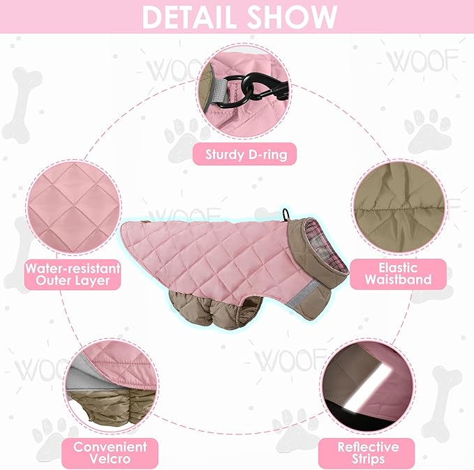 Quilted Dog Winter Coat, Plaid Lined Reversible Vest, Reflective Safety Strip, Cold Weather Pet Apparel Pink XS