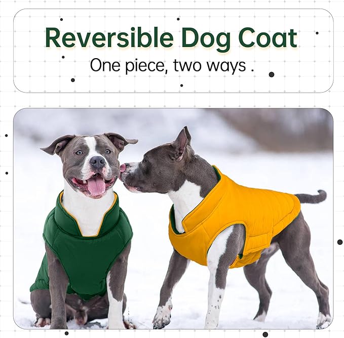 Lelepet Reversible Dog Coat Waterproof Dog Jacket Windproof Puffer Vest for Winter Warm Lightweight Coats for Large Dogs Adjustbale Hook & Loop Pet Apparel with Leash Hole, Pitbull, Green, XL