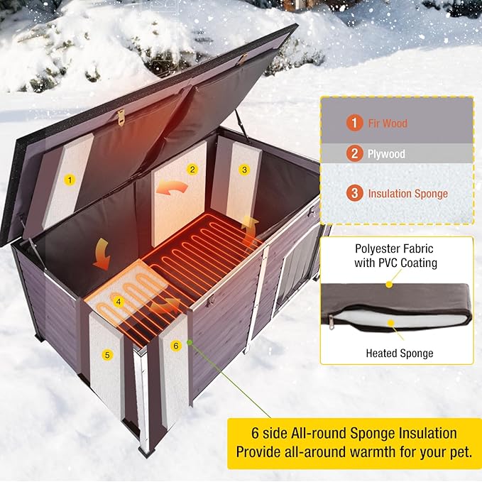 Heated Dog House with Electric Heating Pad Extra Large 59.1" Outdoor & Indoor Dog Kennl with Insulated Liner Keep Warm in Winter, Waterproof Pet Shelter, Strong Metal Frame，35.4"D x 59.1"W x 35.4"H