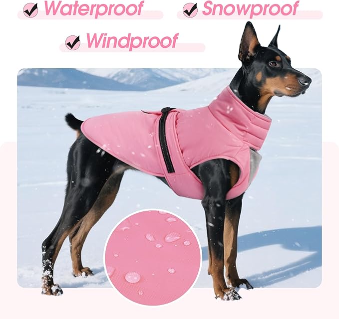 XXL Dog Coat, Warm Dog Winter Jacket, Waterproof Dogs Snowsuit with Foldable High Collar, Reflective Strips, Leash Hole, and Adjustable Hook & Loop Closure - Ideal for Cold Weather - Pink XXL