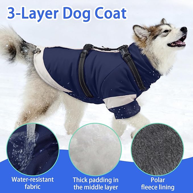 MIGOHI Dog Coat with Harness Built in, 2-in-1 Windproof Dog Jacket, Thermal Fleece Lined Coat with Reflective Strips for Medium Dogs, Zip Up Closure, French Bulldog, Navy Blue, M