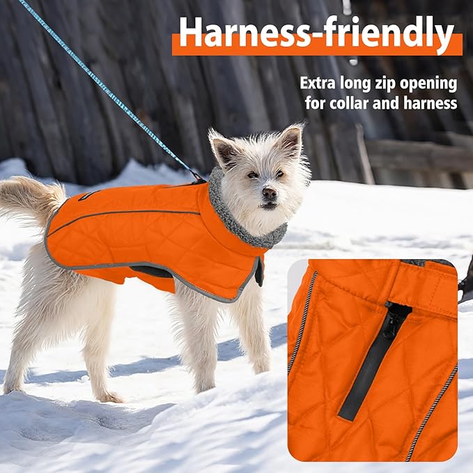 Fragralley Dog Coat Small, Waterproof Dog Jacket with Warm Fleece Lining, Adjustable Reflective Dogs Winter Coat, Turtleneck Pet Coats for Cold Weather (Orange S)